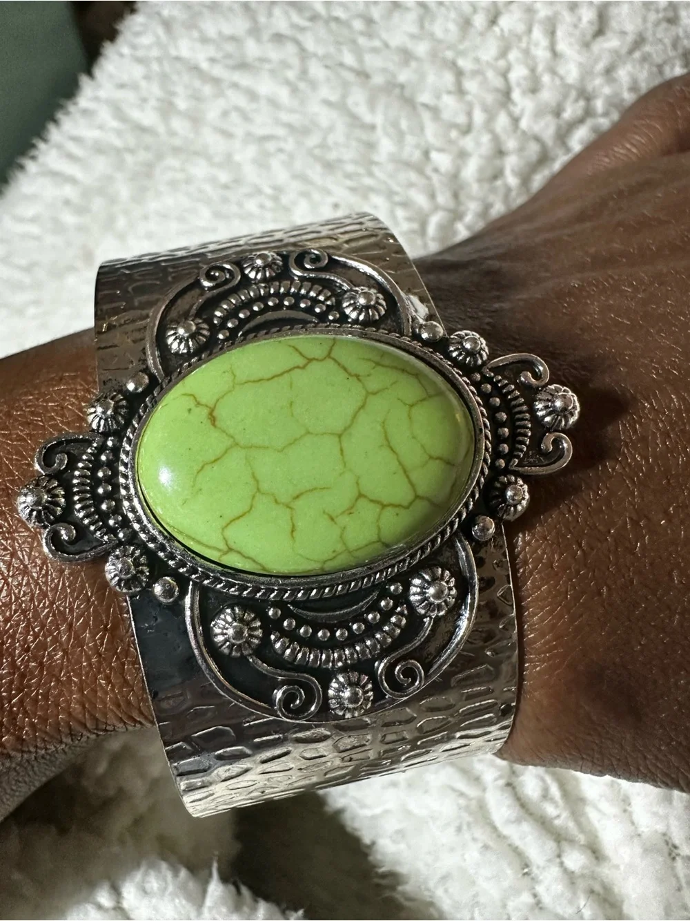 Silver Cuff Bracelet with Lime Green Stone